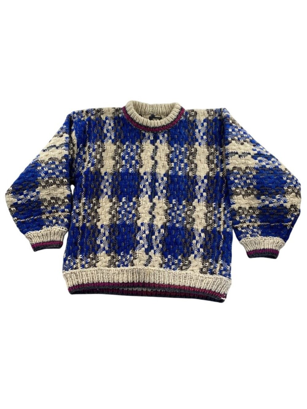 INTI Womens Sweater Size XL Blue Plaid Chunky Knit 100% Wool Pullover Round Neck